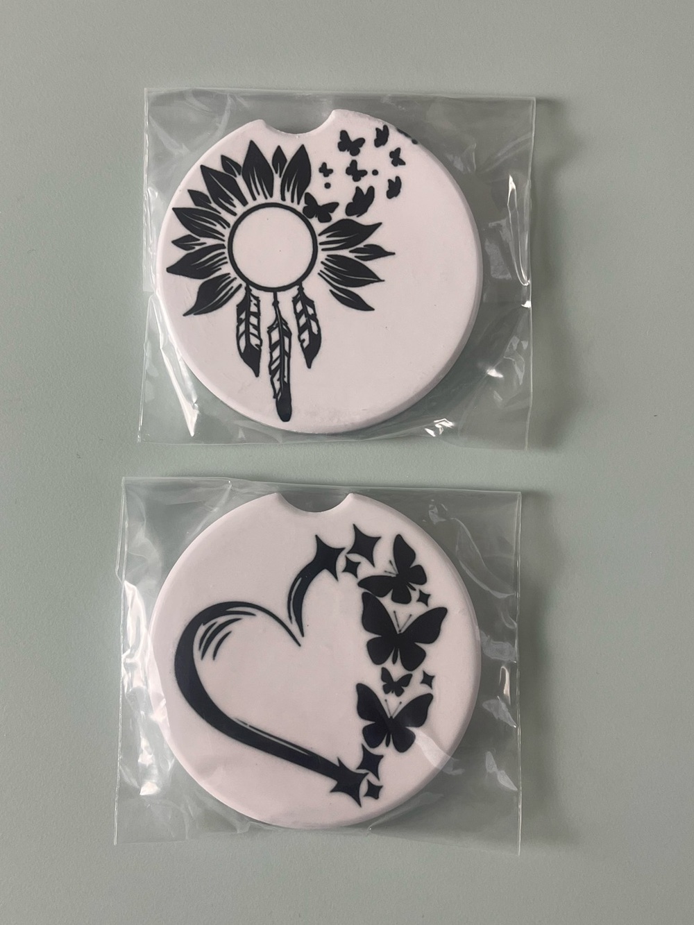 White Car Coaster Set with Black Dreamcatcher & Butterfly Heart Designs